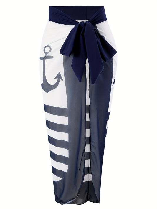 Hook & Striped Print One Piece with Cover up Skirt