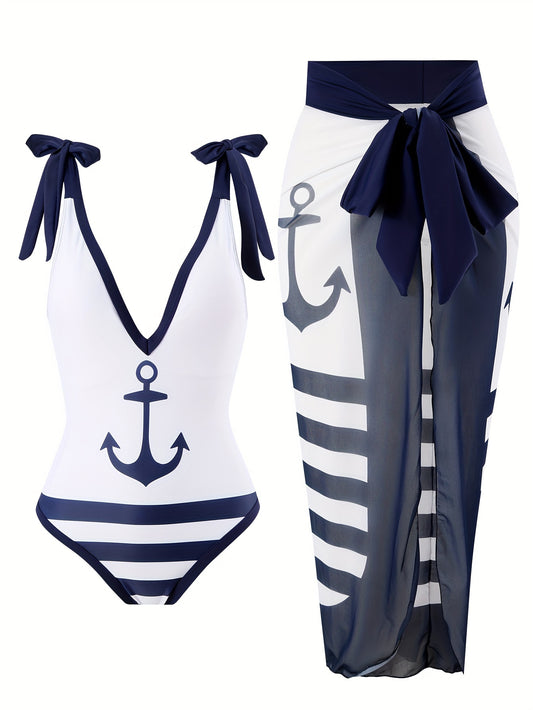 Hook & Striped Print One Piece with Cover up Skirt