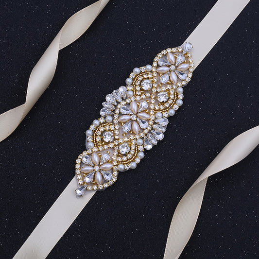 Handmade Beaded Pearl Rhinestone Bridal Belt