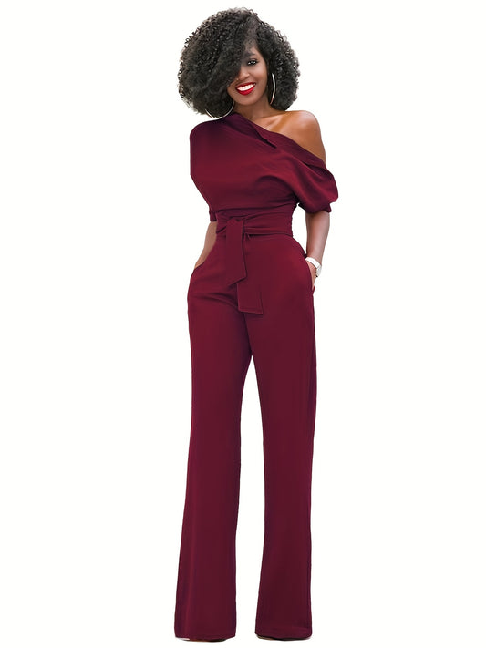 Solid Slanted Shoulder Jumpsuit