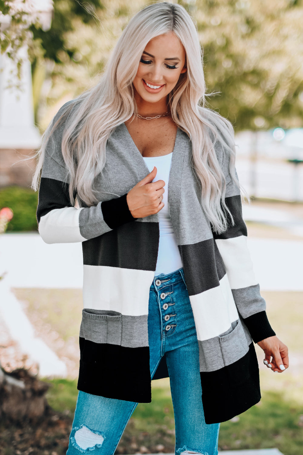 Trendy Color Block Open Front Cardigan