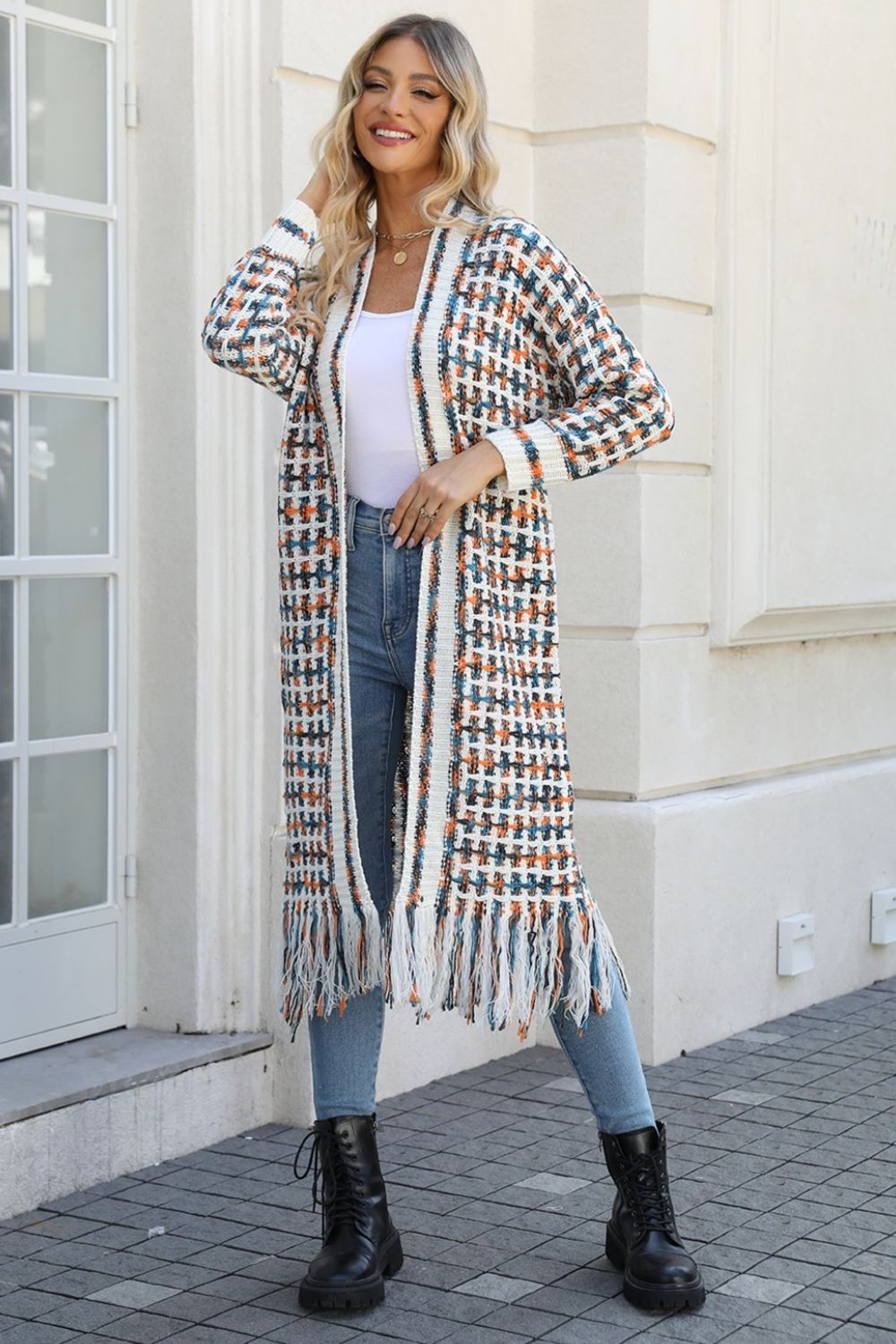 Colorful Open Front Fringe Hem Cardigan