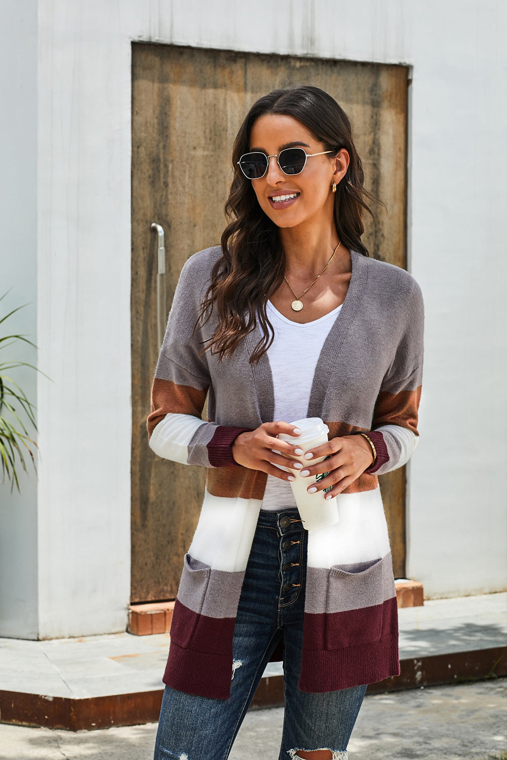 Trendy Color Block Open Front Cardigan