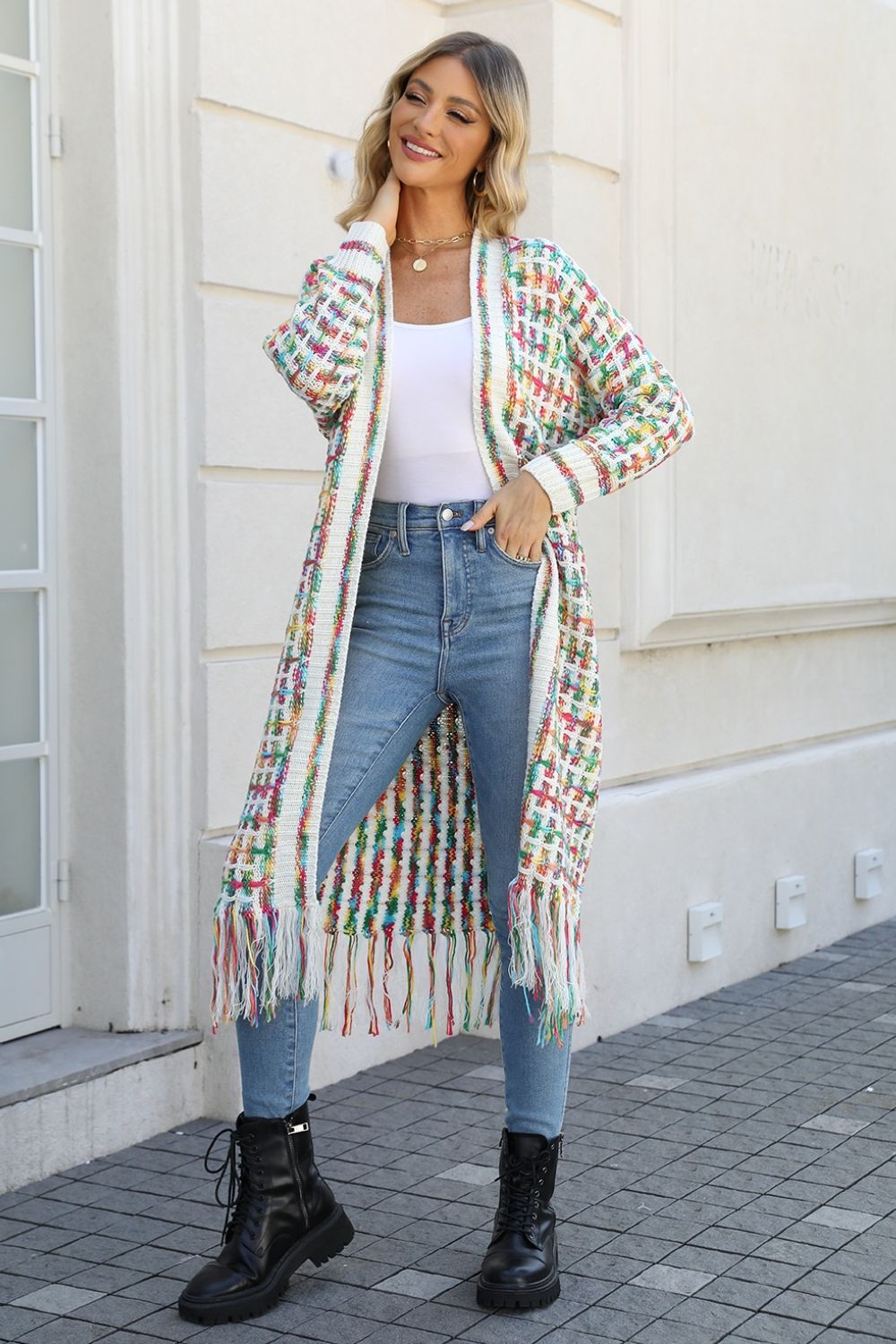 Colorful Open Front Fringe Hem Cardigan