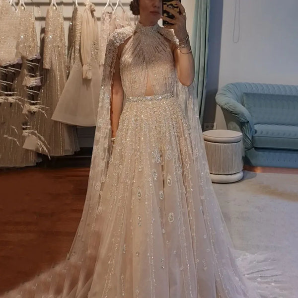Timeless Nude Beaded Wedding Gown with Cape Sleeves