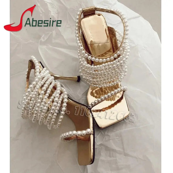 White Pearl Beaded Square Toe Sandals
