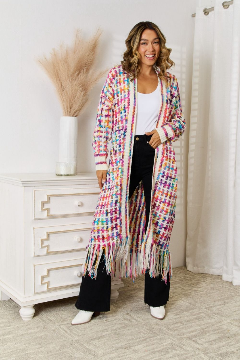 Colorful Open Front Fringe Hem Cardigan