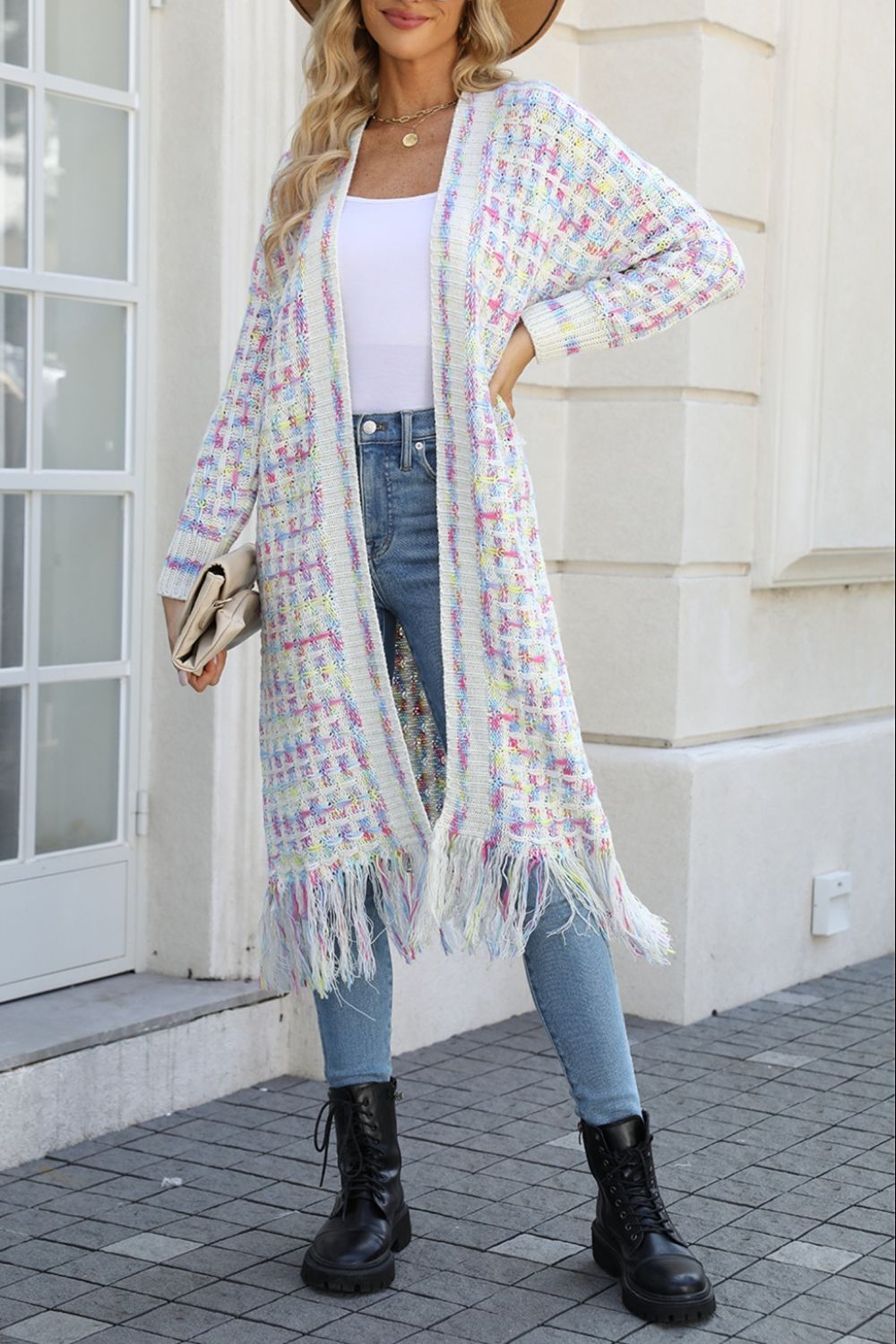 Colorful Open Front Fringe Hem Cardigan