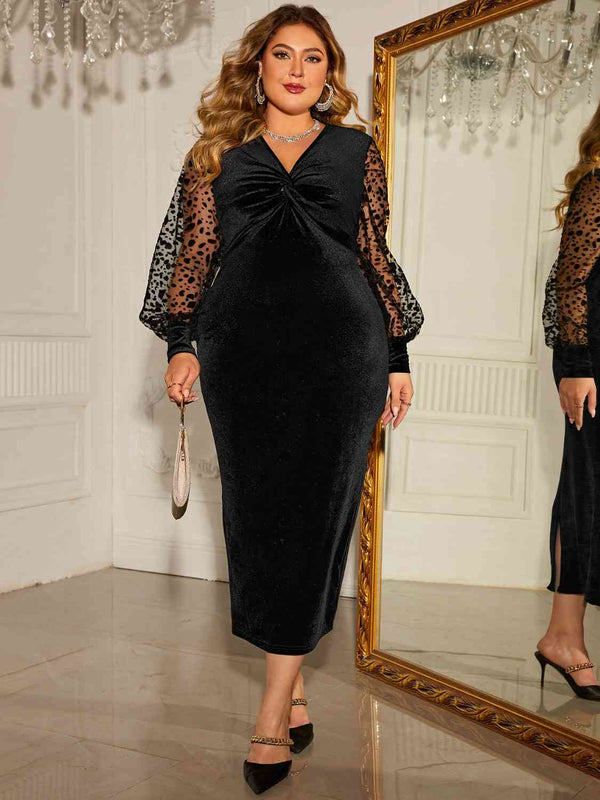 Plus Size Twist-Front Lantern Sleeve Slit Dress