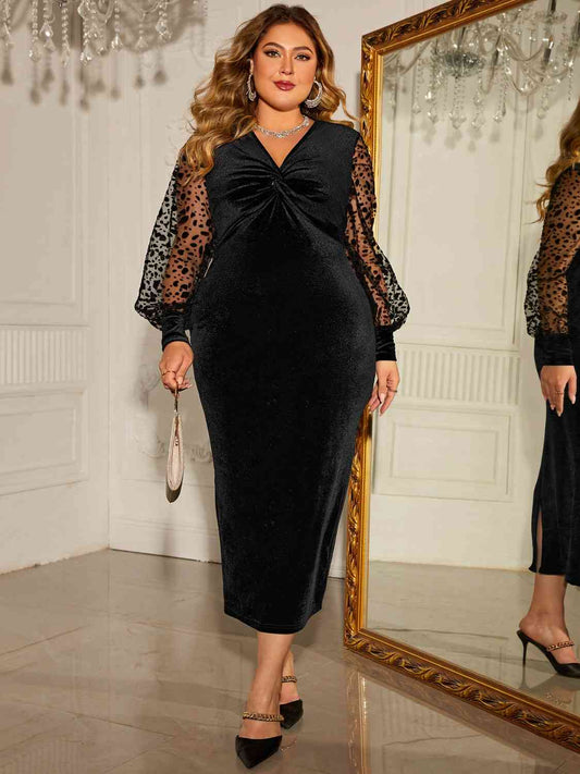 Plus Size Twist-Front Lantern Sleeve Slit Dress