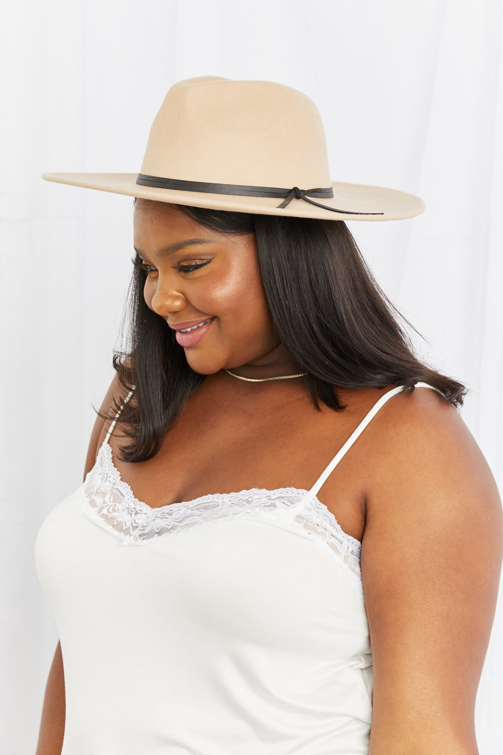 Beige Fedora with Faux Leather Knot