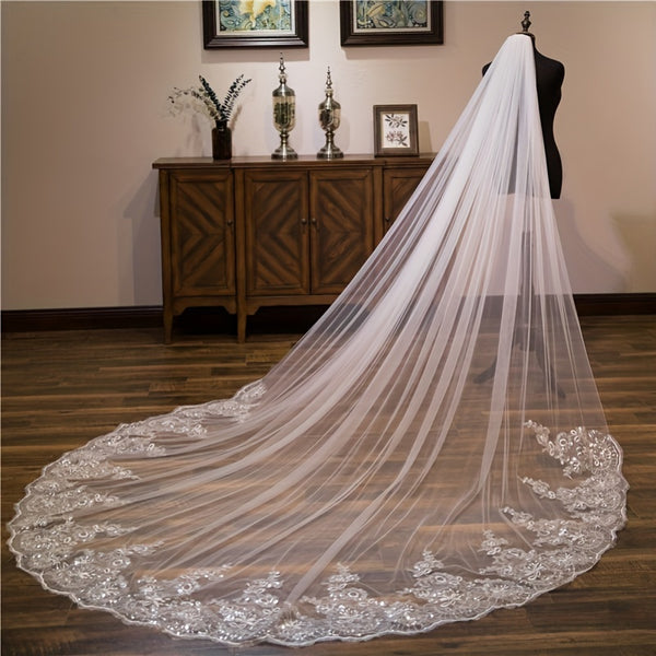 Long Floral Lace Edge Bridal Veil