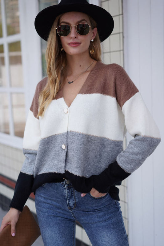 Classic V-Neck Color Block Cardigan
