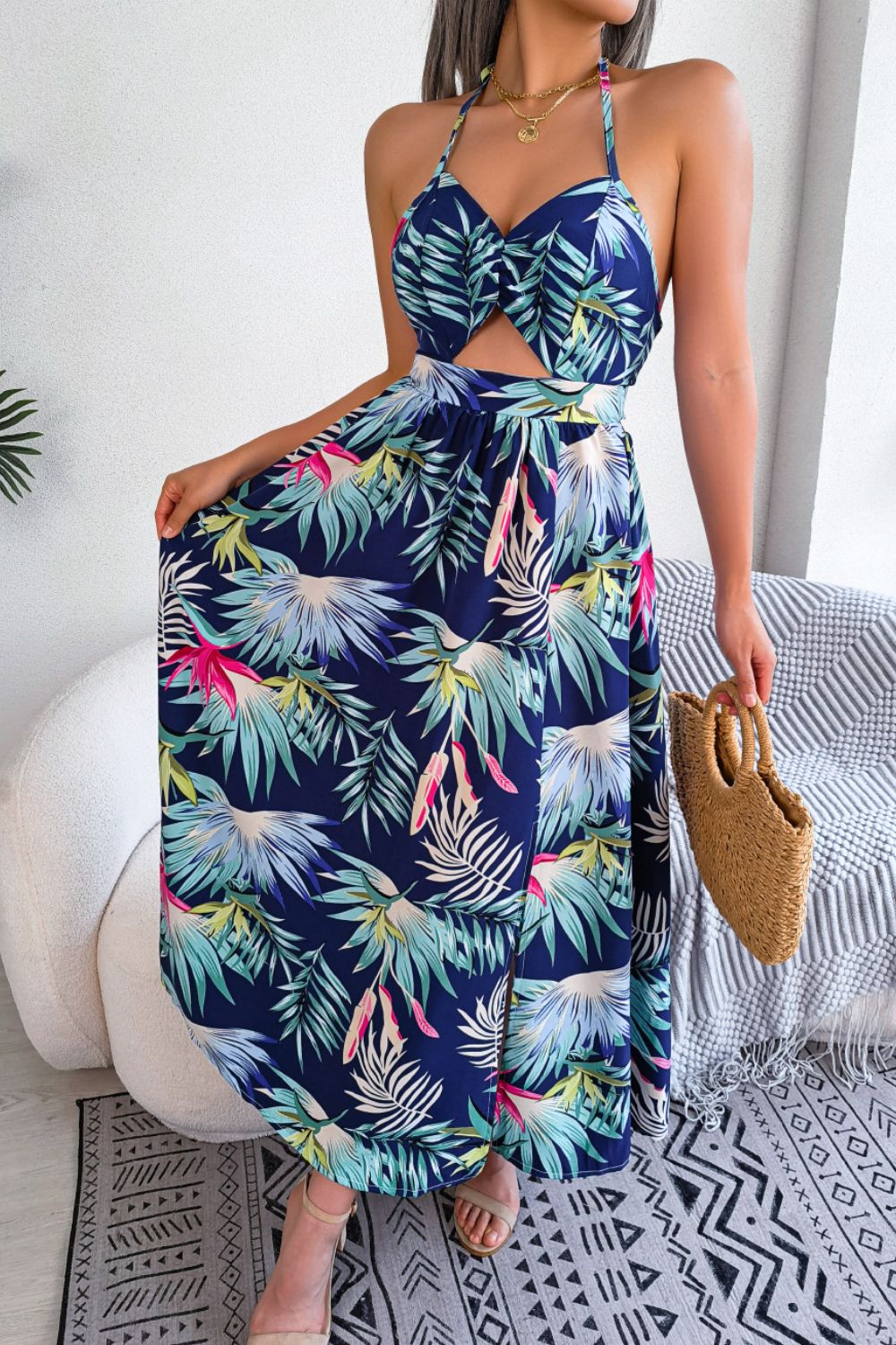 Botanic Elegance Tied Backless Cutout Slit Dress
