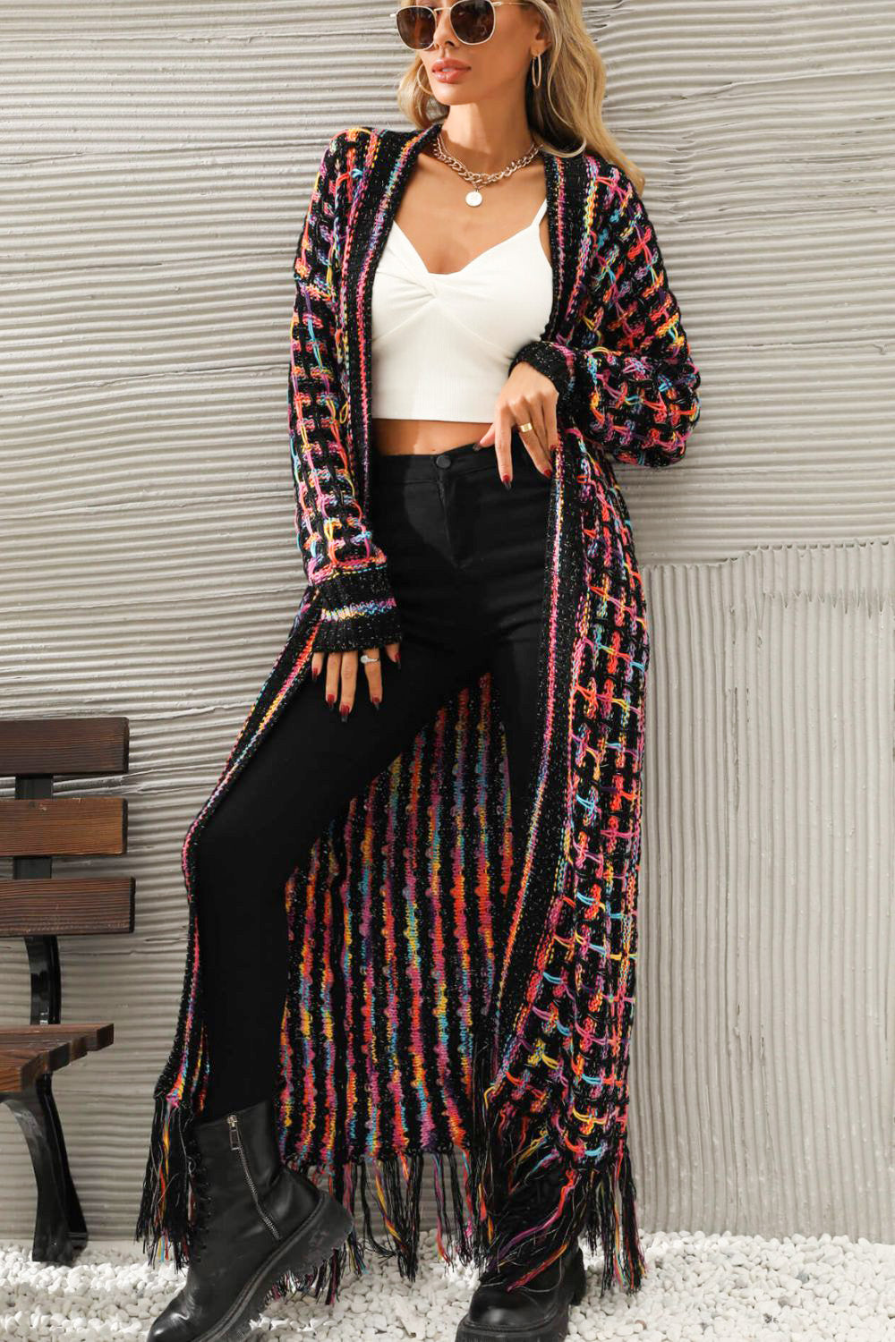 Colorful Open Front Fringe Hem Cardigan