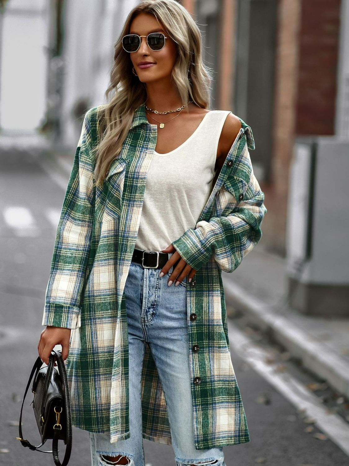 Stylish Plaid Longline Jacket with Pockets