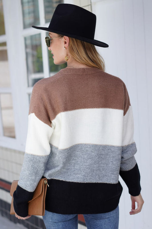 Classic V-Neck Color Block Cardigan