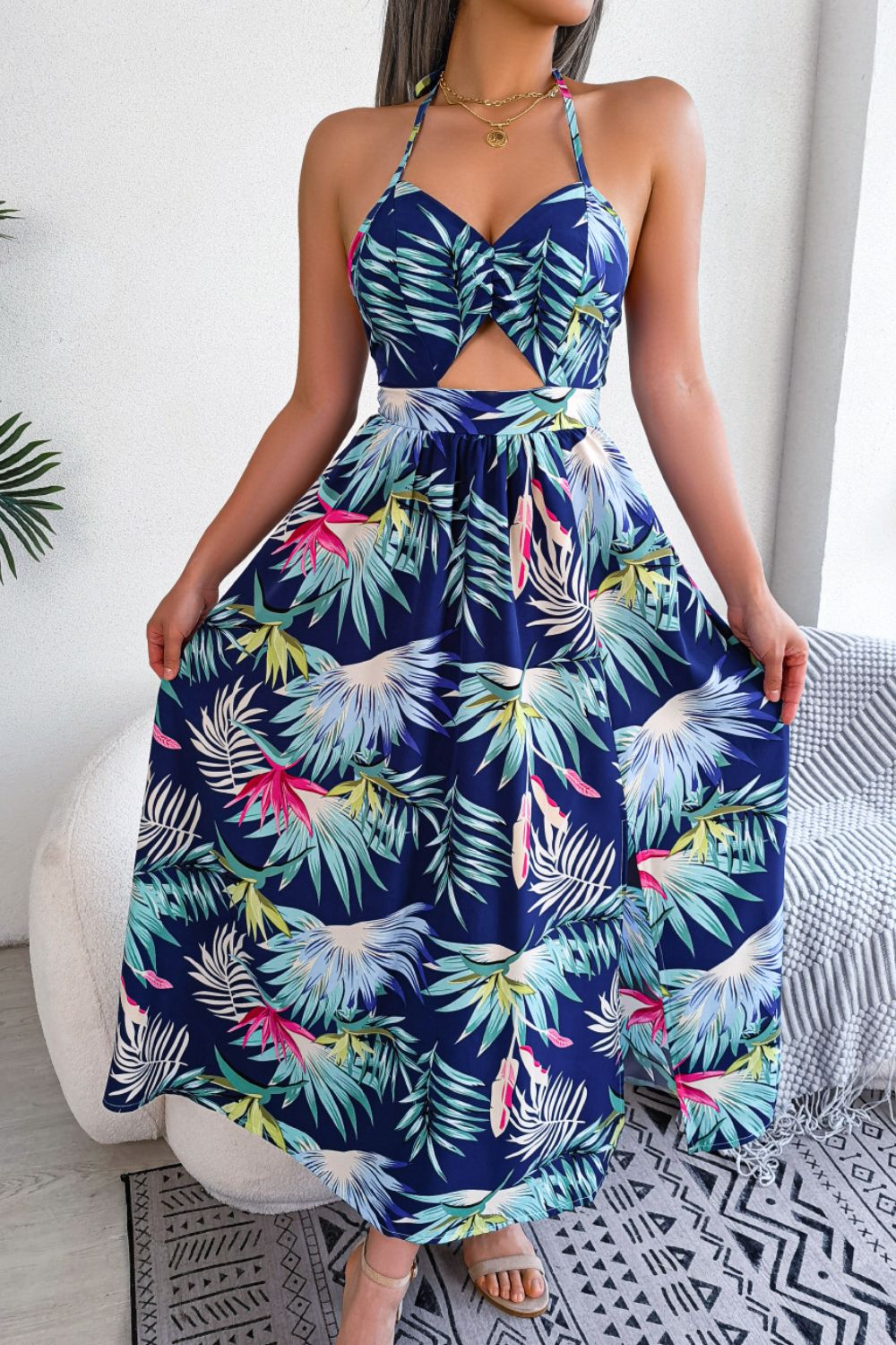 Botanic Elegance Tied Backless Cutout Slit Dress