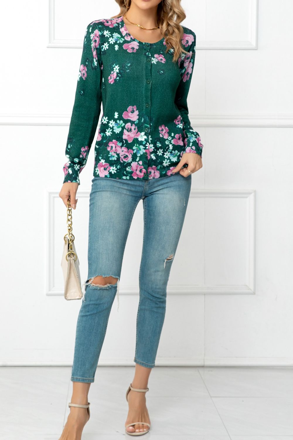 Floral Round Neck Cardigan