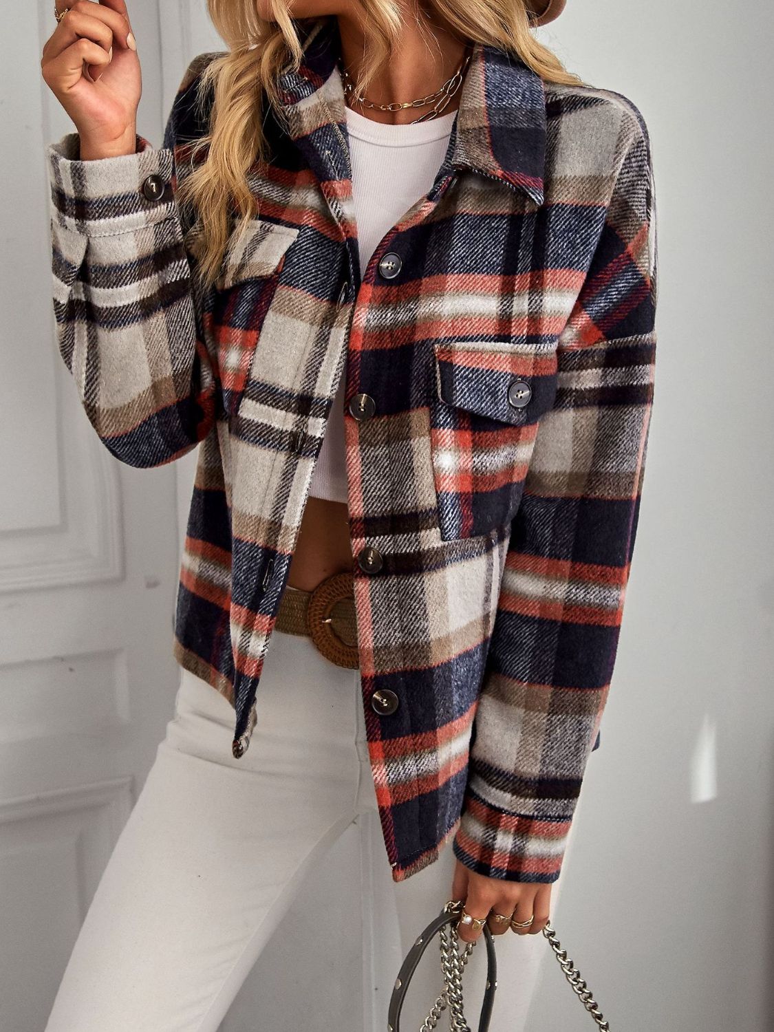 Cozy Plaid Button Front Shacket with Breast Pockets
