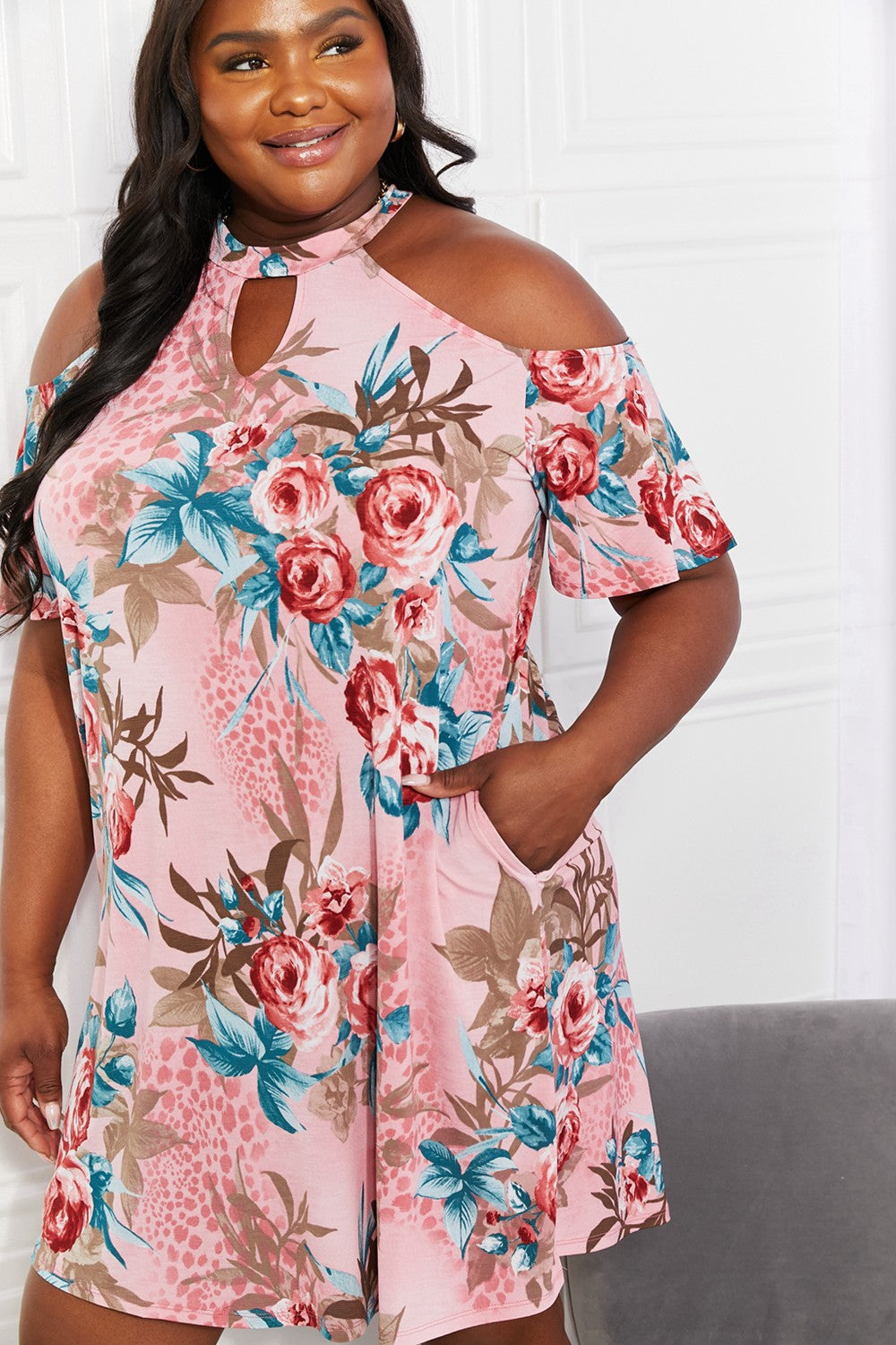 Versatile Tropical Print Cold-Shoulder Dress