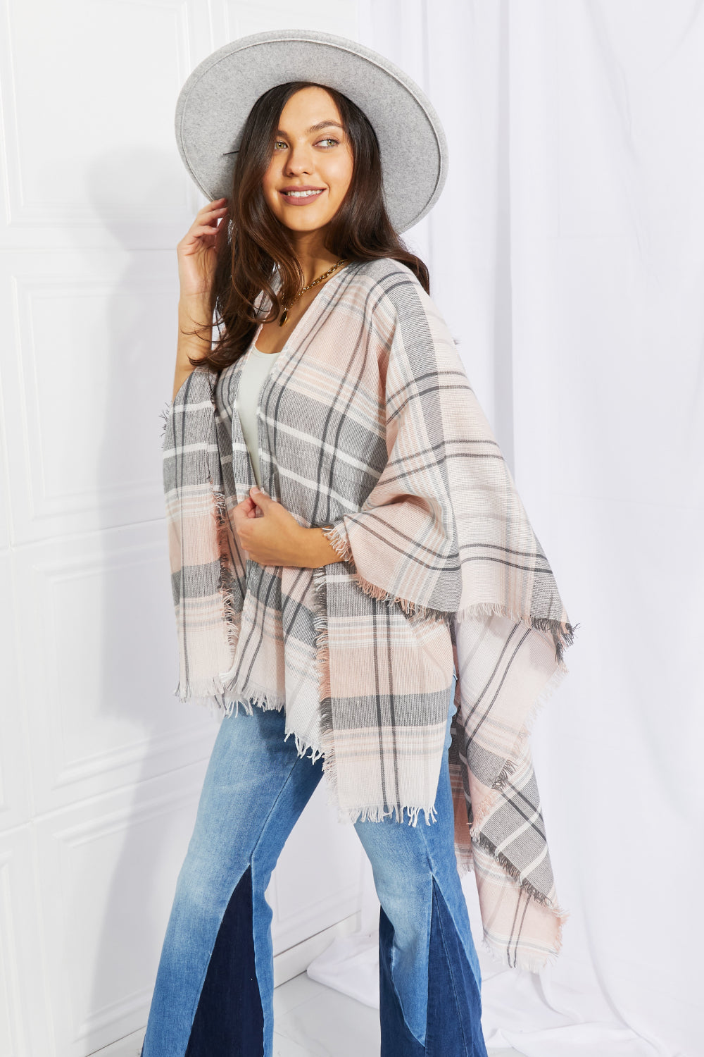 Plaid Cloak Sleeve Poncho