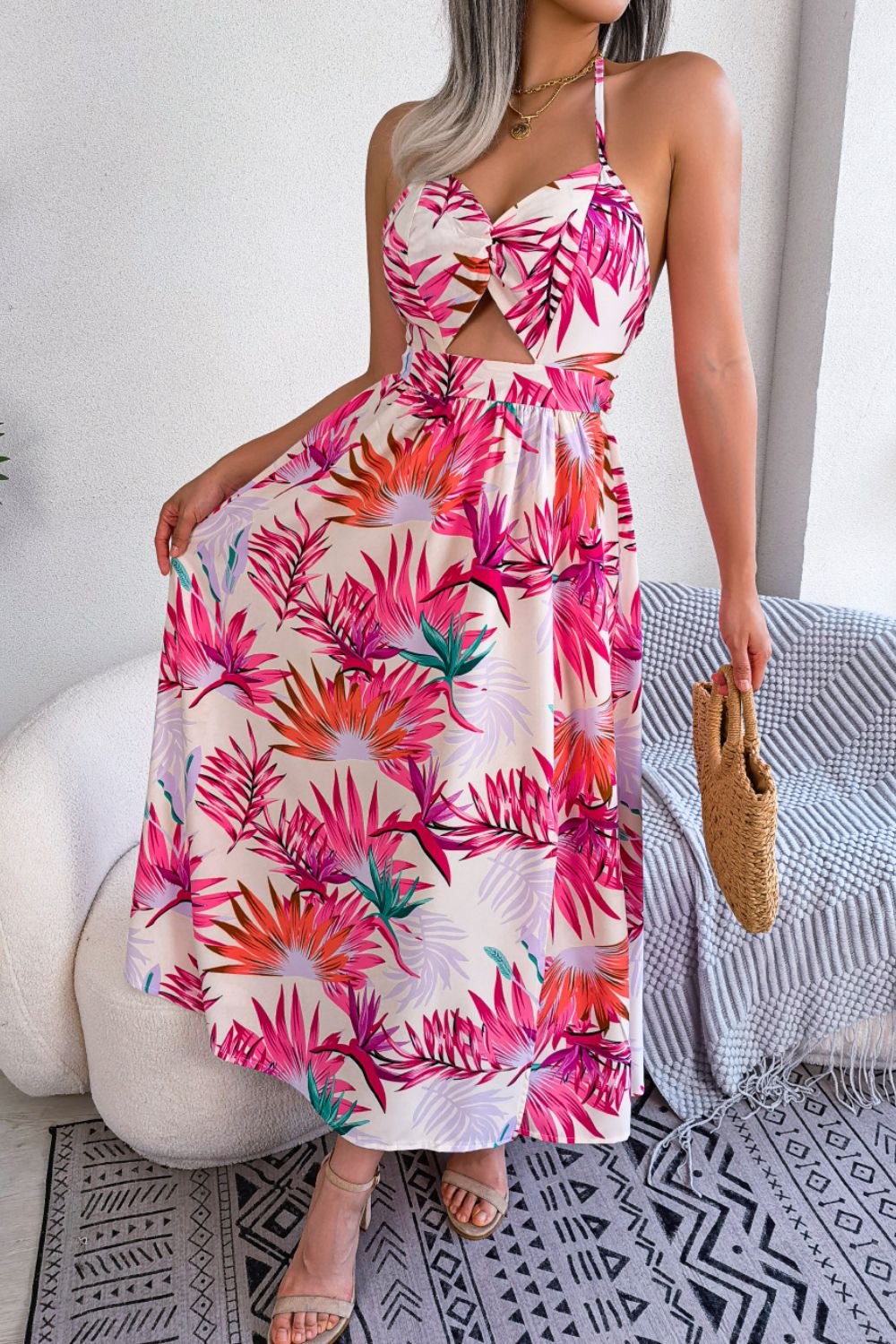 Botanic Elegance Tied Backless Cutout Slit Dress