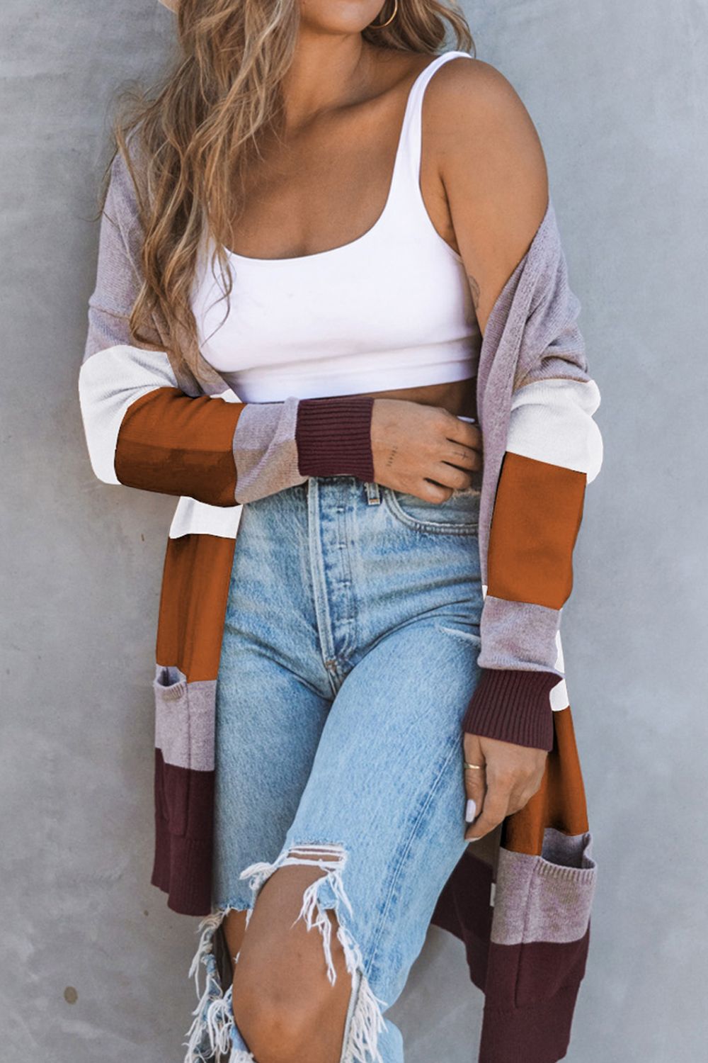 Trendy Color Block Open Front Cardigan