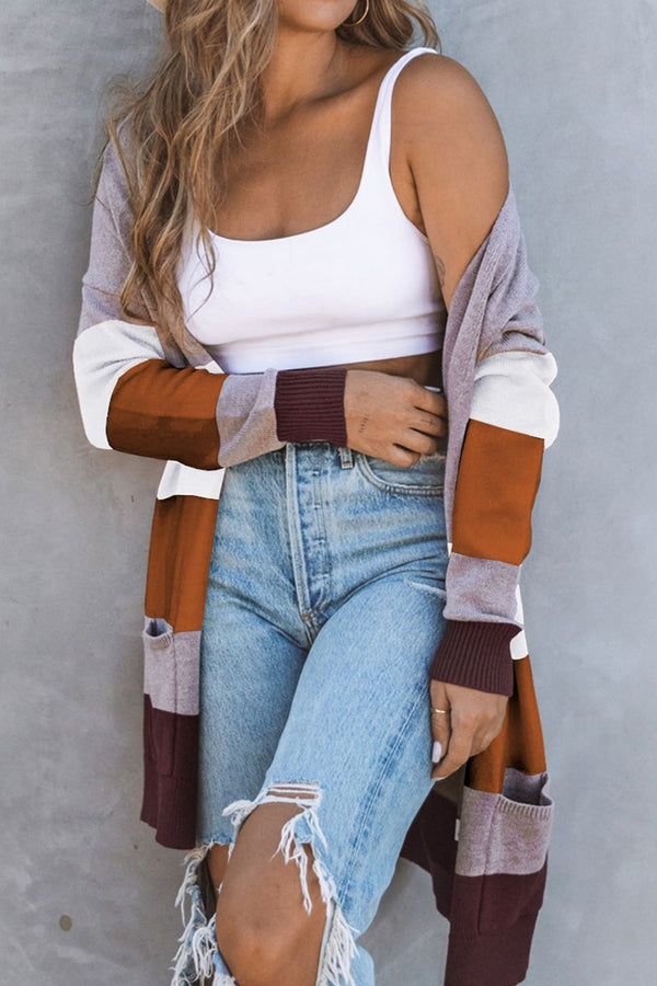Trendy Color Block Open Front Cardigan