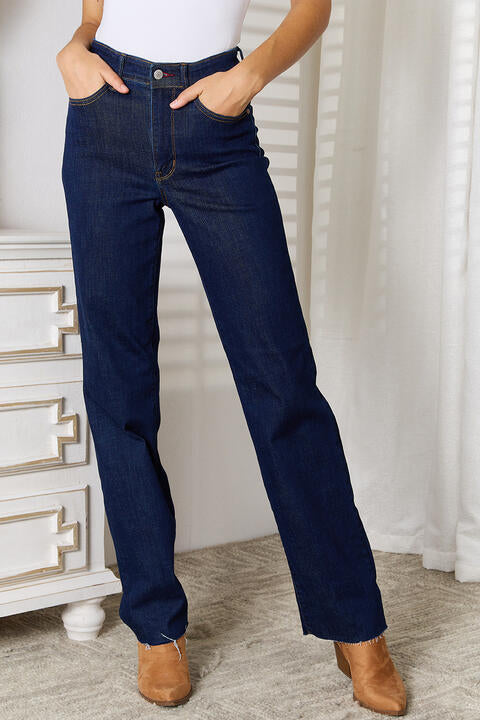 Full Size Raw Hem Straight Leg Jeans with Pockets