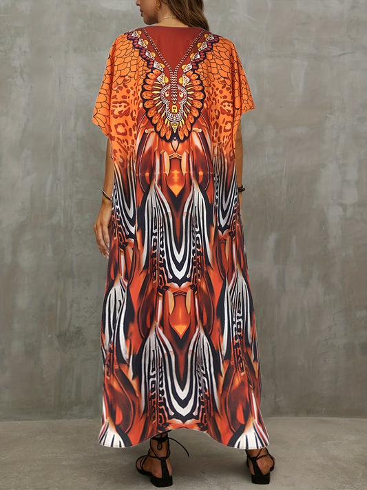 Ethnic Print Batwing Sleeve Kaftan Dress