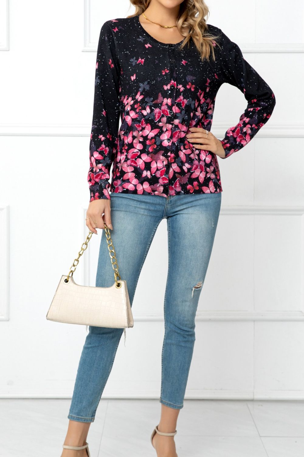 Floral Round Neck Cardigan