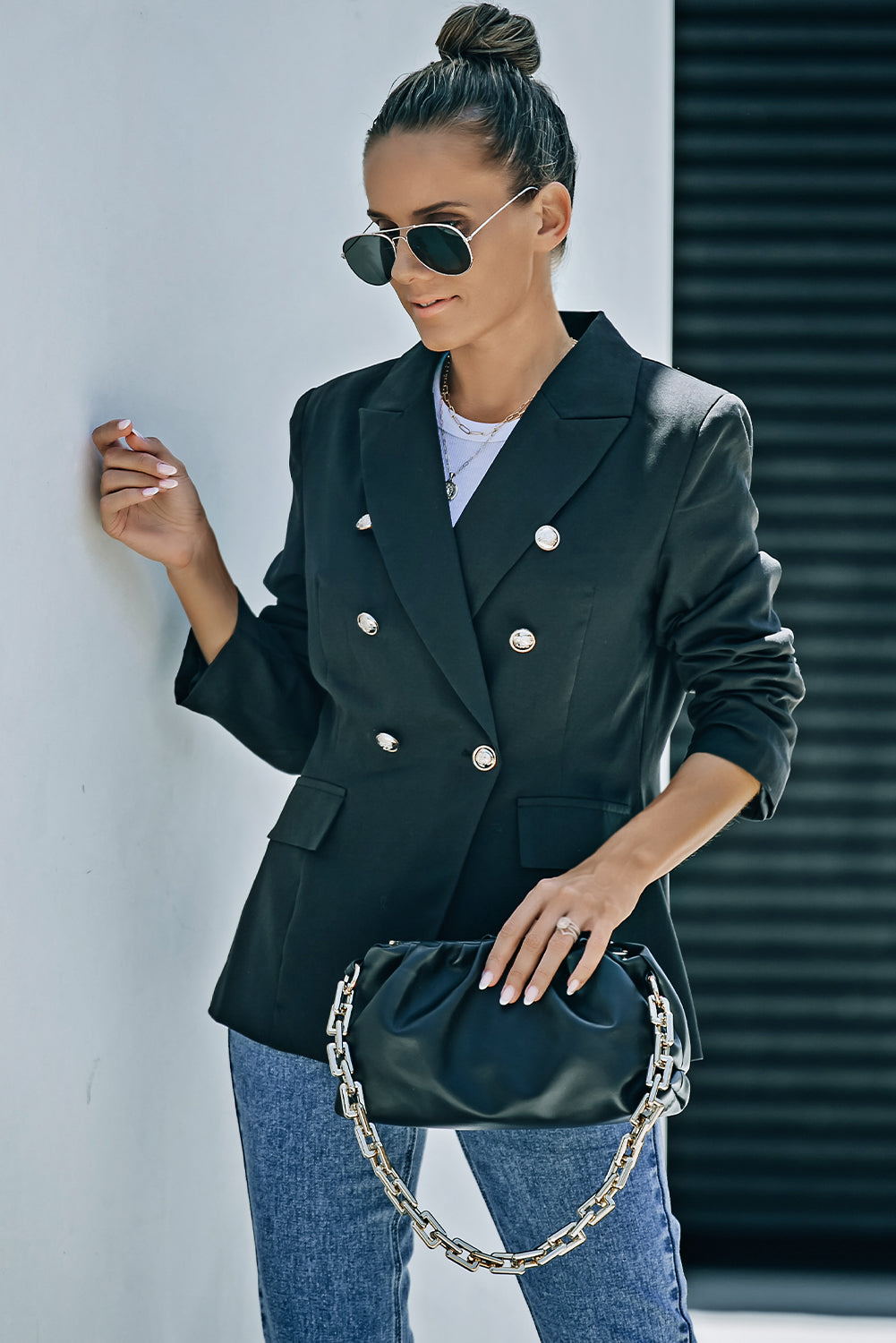 Chic Double-Breasted Padded Shoulder Blazer