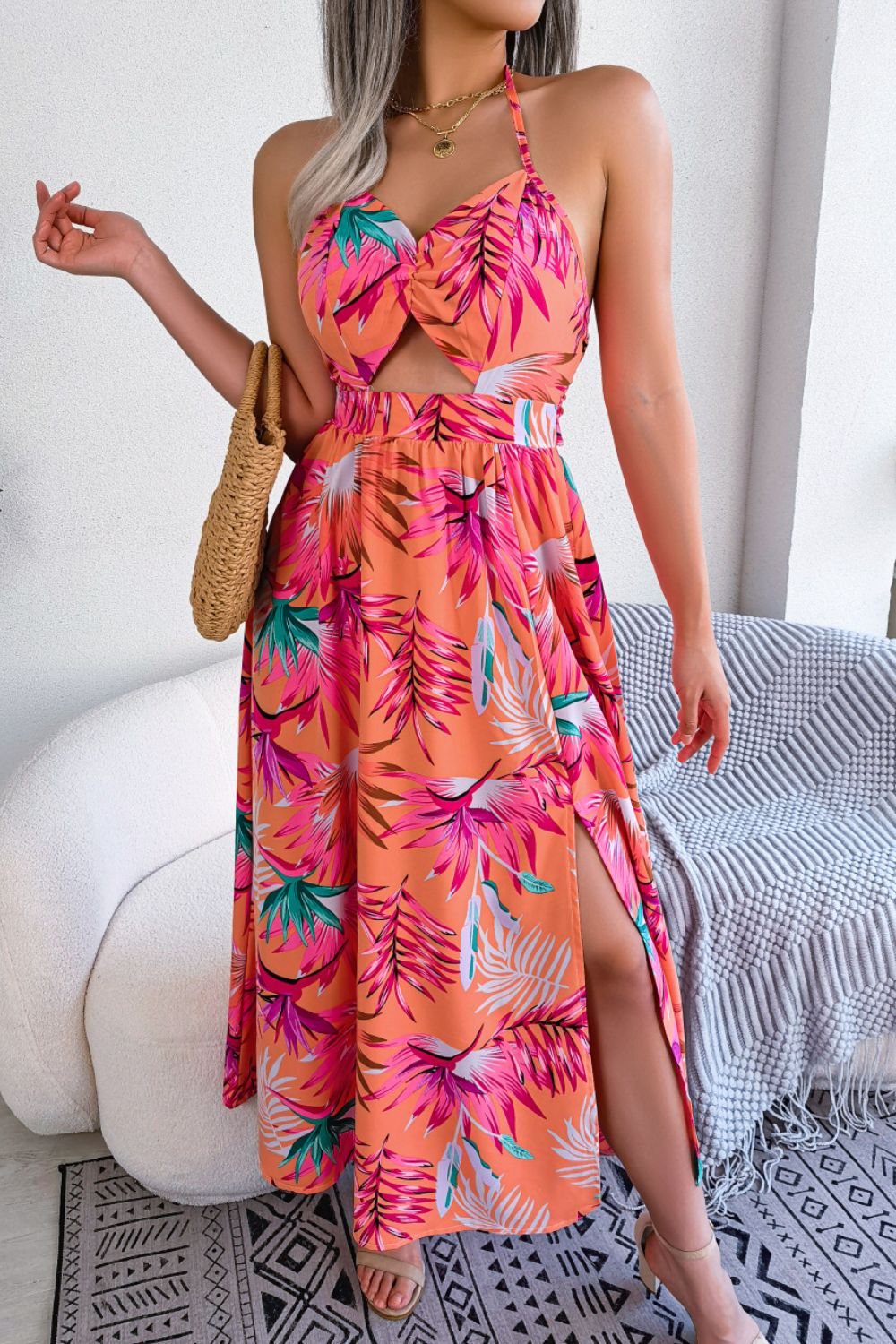 Botanic Elegance Tied Backless Cutout Slit Dress
