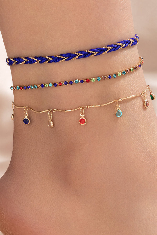 Rhinestone Boho 3-Piece Anklet Set