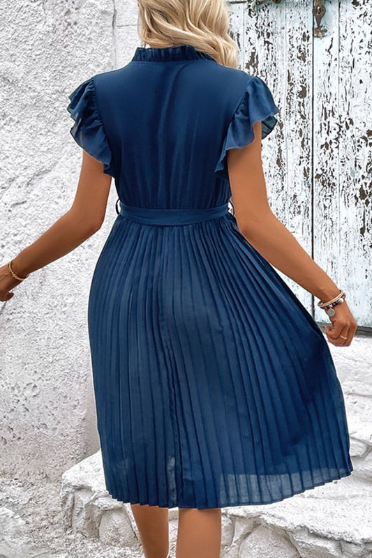 Feminine Pleated Dress with Tie Neck