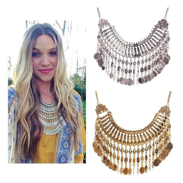 Boho Antique Coin and Tibetan Tassel Necklace