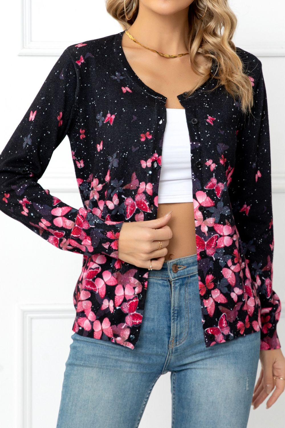 Floral Round Neck Cardigan