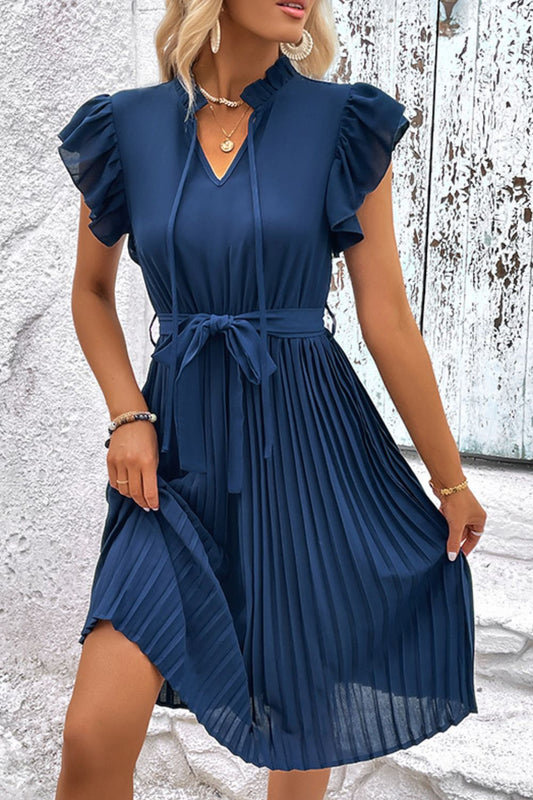 Feminine Pleated Dress with Tie Neck