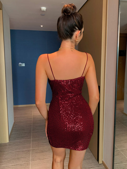 Sequin Ruched Spaghetti Strap Mini Dress