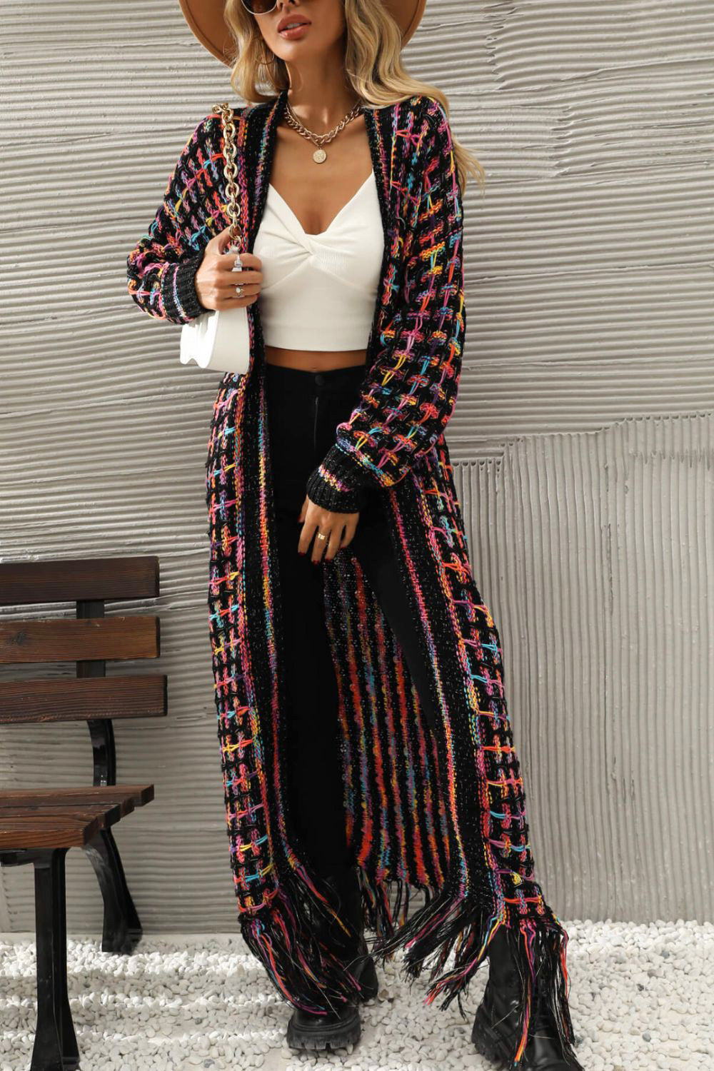 Colorful Open Front Fringe Hem Cardigan