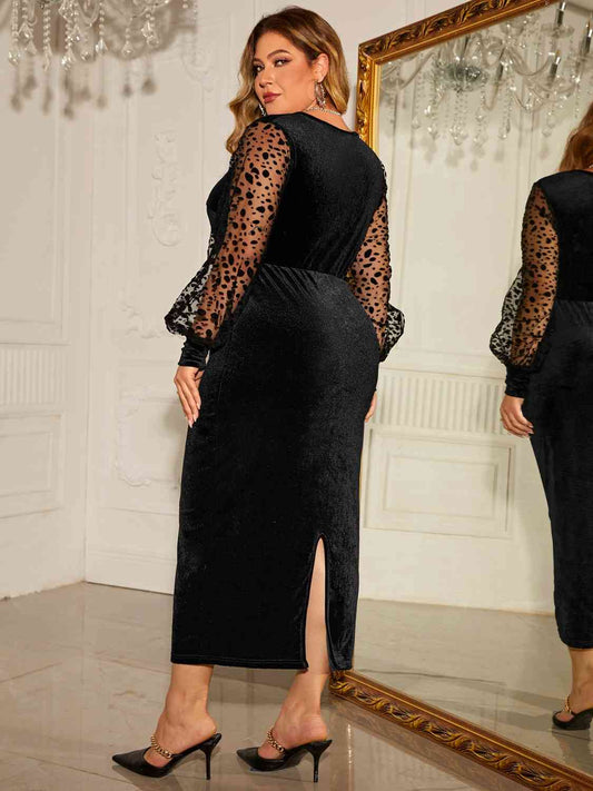 Plus Size Twist-Front Lantern Sleeve Slit Dress