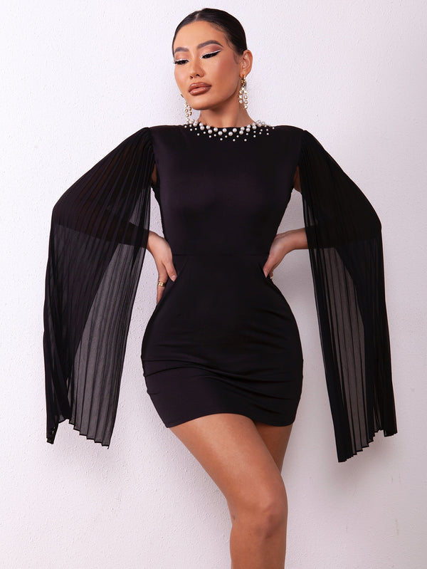 Semi-Sheer Pearl Detail Pleated Sleeve Dress