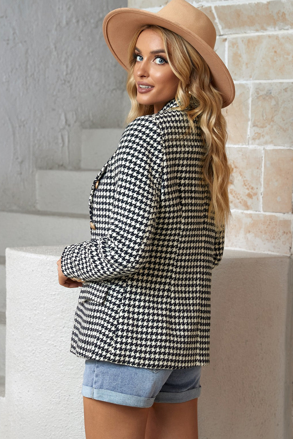Classy Houndstooth Double-Breasted Blazer
