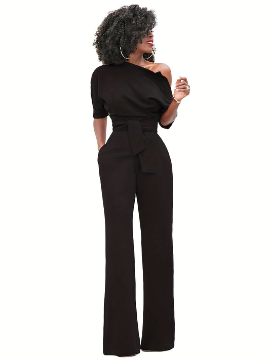Solid Slanted Shoulder Jumpsuit