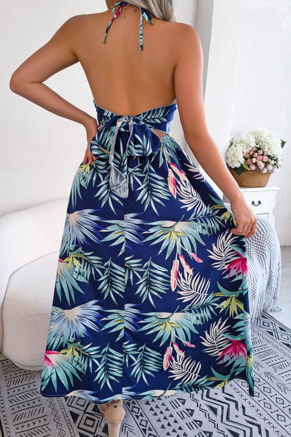 Botanic Elegance Tied Backless Cutout Slit Dress