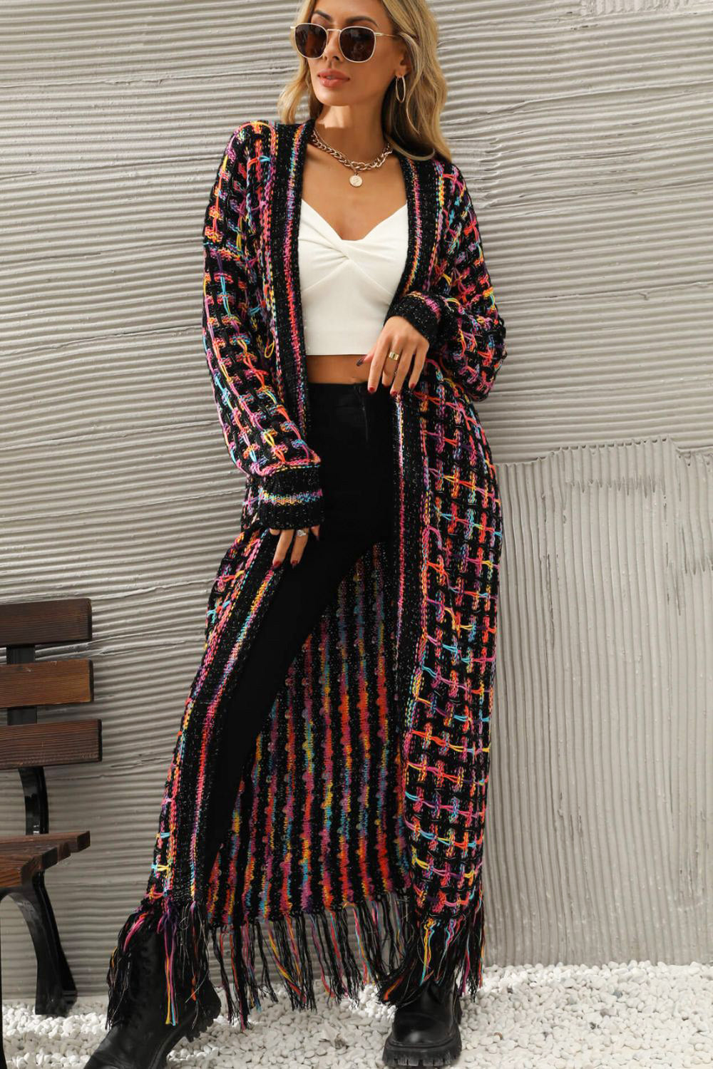 Colorful Open Front Fringe Hem Cardigan